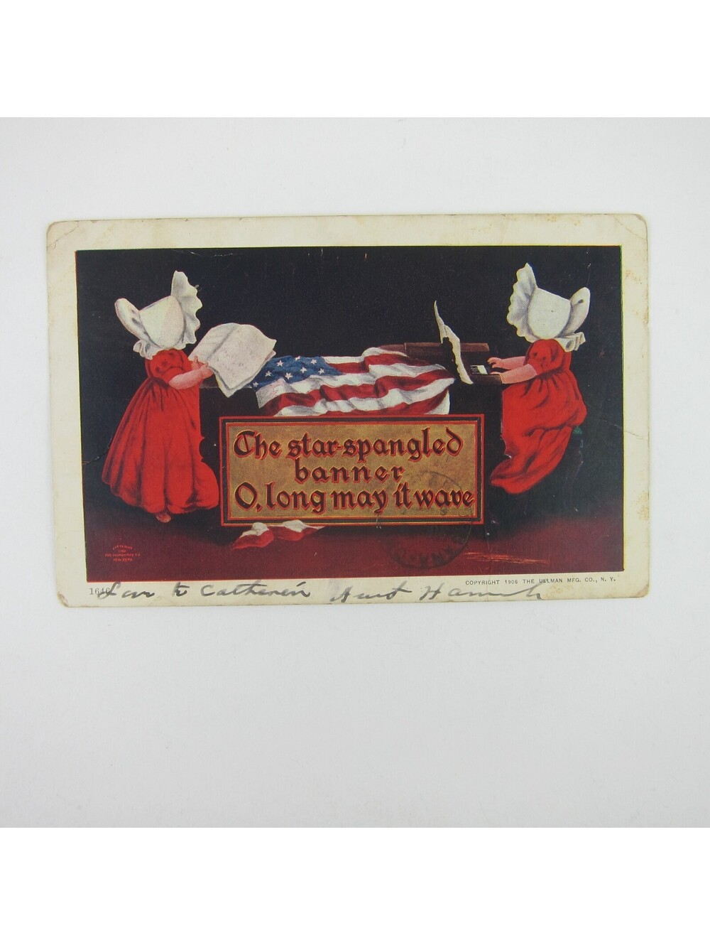 Postcard Sunbonnet Twins Girls Piano American Flag Star Spangled Antique 1906